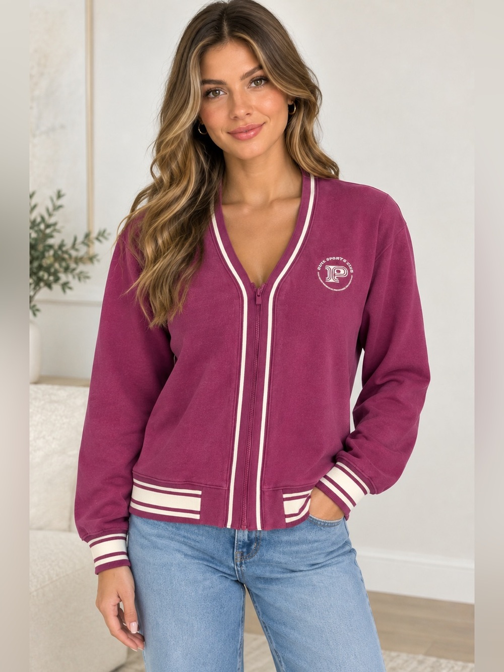PINK Victoria's Secret Plum Zip-Front Varsity Jacket with Cream Trim
